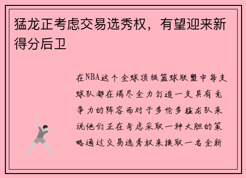 猛龙正考虑交易选秀权，有望迎来新得分后卫