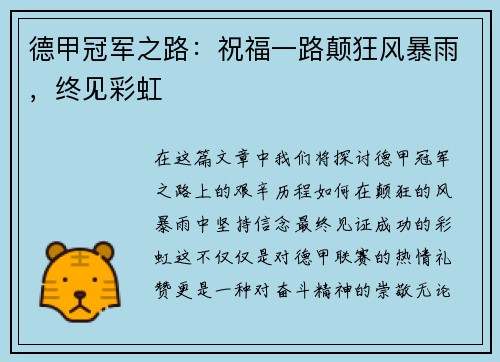 德甲冠军之路：祝福一路颠狂风暴雨，终见彩虹