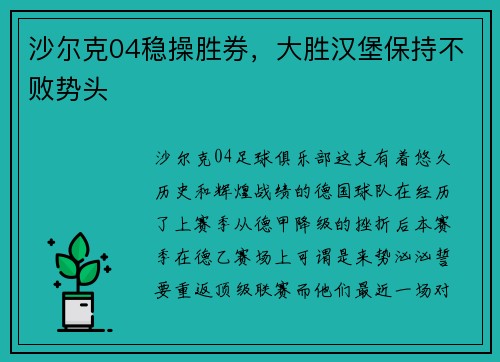 沙尔克04稳操胜券，大胜汉堡保持不败势头